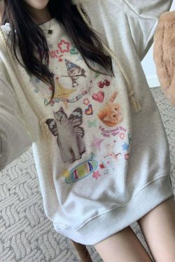 Y2K Grunge Cute Meme Cats Sweatshirt - Retro 90s Fashion, Summer Y2K Outfits, Pastel Goth Style