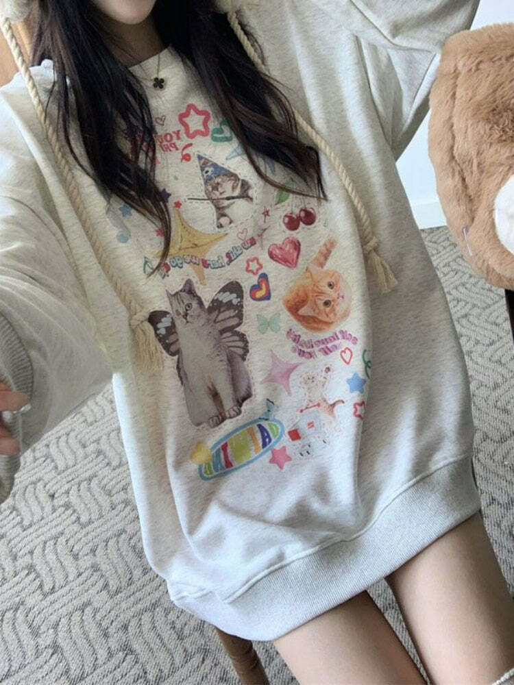 Y2K Grunge Cute Meme Cats Sweatshirt - Retro 90s Fashion, Summer Y2K Outfits, Pastel Goth Style