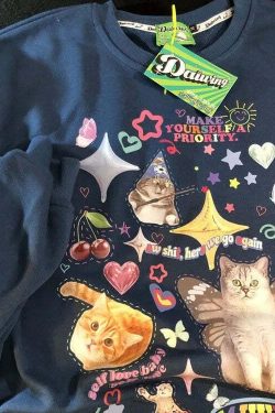 Y2K Grunge Cute Meme Cats Sweatshirt - Retro 90s Fashion, Summer Y2K Outfits, Pastel Goth Style