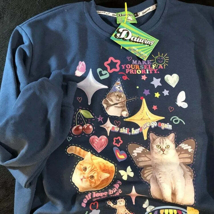 Y2K Grunge Cute Meme Cats Sweatshirt - Retro 90s Fashion, Summer Y2K Outfits, Pastel Goth Style