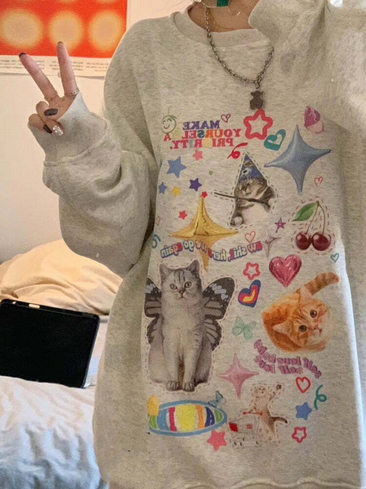 Y2K Grunge Cute Meme Cats Sweatshirt - Retro 90s Fashion, Summer Y2K Outfits, Pastel Goth Style