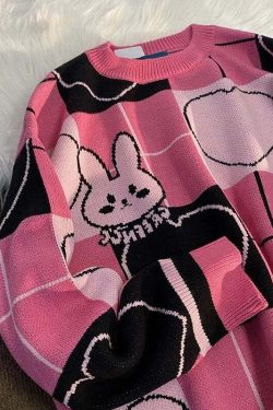 Y2K Grunge Cute Rabbit Sweater - Black Pink Retro 90s Fashion, Y2K Summer Outfits