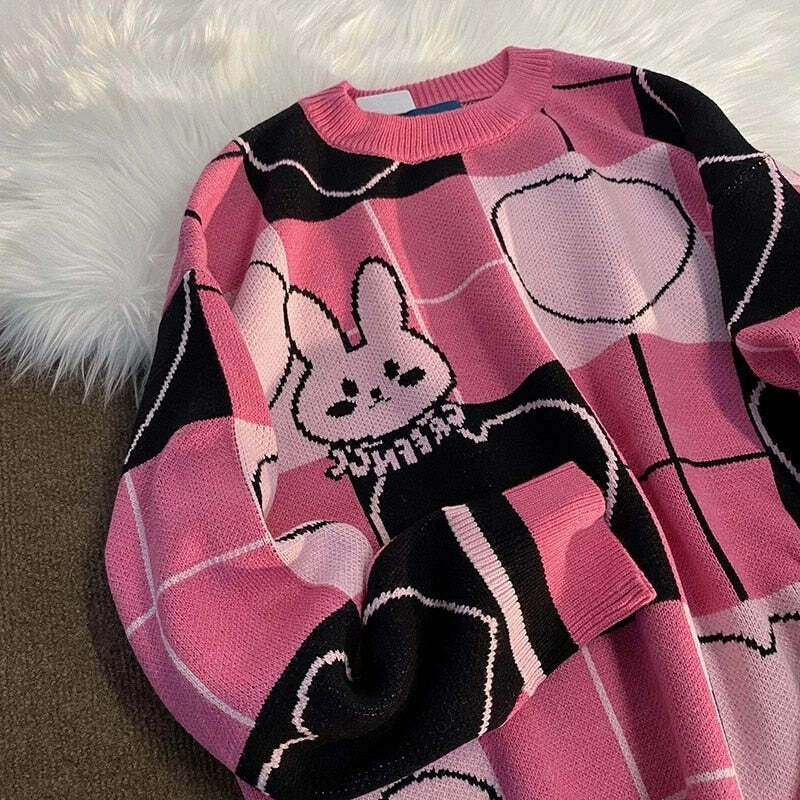 Y2K Grunge Cute Rabbit Sweater - Black Pink Retro 90s Fashion, Y2K Summer Outfits