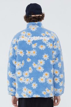 Y2K Grunge Daisy Fleece Jacket - Retro 90s Fashion, Summer Y2K Outfits, Pastel Goth Style