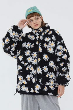 Y2K Grunge Daisy Fleece Jacket - Retro 90s Fashion, Summer Y2K Outfits, Pastel Goth Style