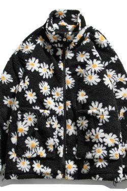 Y2K Grunge Daisy Fleece Jacket - Retro 90s Fashion, Summer Y2K Outfits, Pastel Goth Style