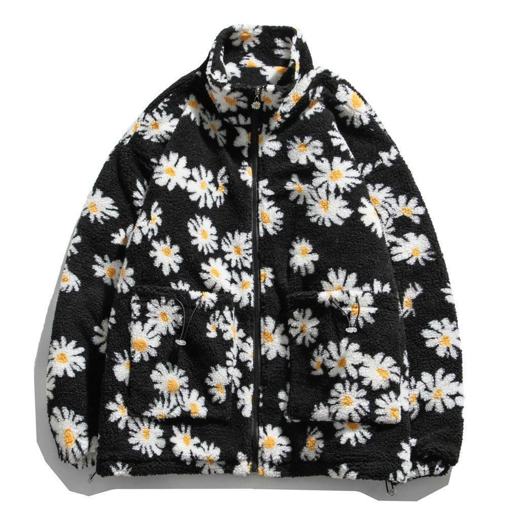 Y2K Grunge Daisy Fleece Jacket - Retro 90s Fashion, Summer Y2K Outfits, Pastel Goth Style