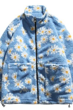 Y2K Grunge Daisy Fleece Jacket - Retro 90s Fashion, Summer Y2K Outfits, Pastel Goth Style