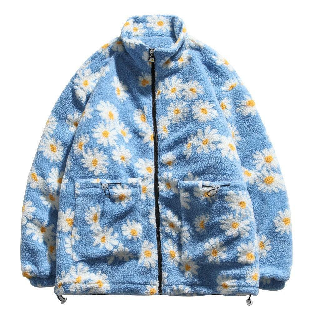 Y2K Grunge Daisy Fleece Jacket - Retro 90s Fashion, Summer Y2K Outfits, Pastel Goth Style