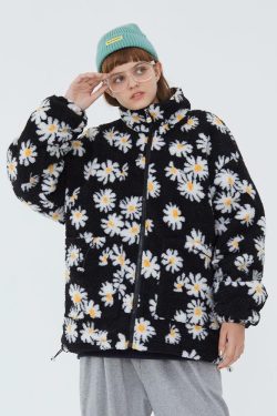 Y2K Grunge Daisy Fleece Jacket - Retro 90s Fashion, Summer Y2K Outfits, Pastel Goth Style