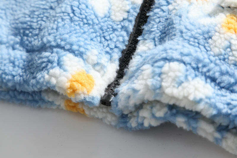 Y2K Grunge Daisy Fleece Jacket - Retro 90s Fashion, Summer Y2K Outfits, Pastel Goth Style