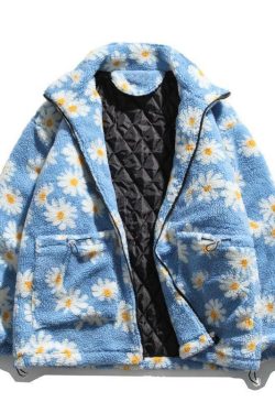 Y2K Grunge Daisy Fleece Jacket - Retro 90s Fashion, Summer Y2K Outfits, Pastel Goth Style