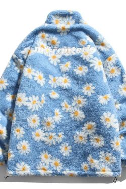 Y2K Grunge Daisy Fleece Jacket - Retro 90s Fashion, Summer Y2K Outfits, Pastel Goth Style