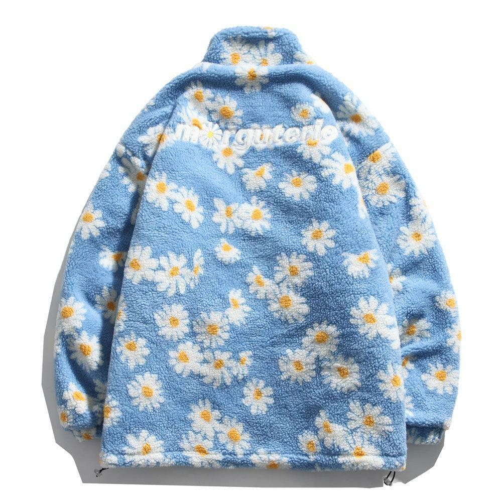 Y2K Grunge Daisy Fleece Jacket - Retro 90s Fashion, Summer Y2K Outfits, Pastel Goth Style