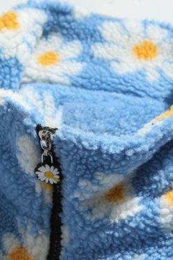Y2K Grunge Daisy Fleece Jacket - Retro 90s Fashion, Summer Y2K Outfits, Pastel Goth Style