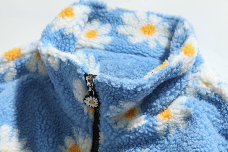 Y2K Grunge Daisy Fleece Jacket - Retro 90s Fashion, Summer Y2K Outfits, Pastel Goth Style