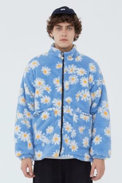 Y2K Grunge Daisy Fleece Jacket - Retro 90s Fashion, Summer Y2K Outfits, Pastel Goth Style