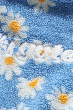 Y2K Grunge Daisy Fleece Jacket - Retro 90s Fashion, Summer Y2K Outfits, Pastel Goth Style