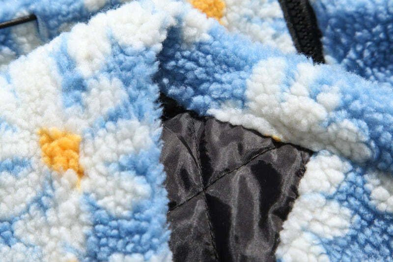 Y2K Grunge Daisy Fleece Jacket - Retro 90s Fashion, Summer Y2K Outfits, Pastel Goth Style
