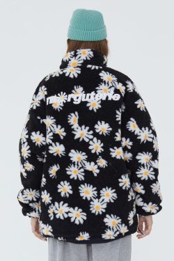 Y2K Grunge Daisy Fleece Jacket - Retro 90s Fashion, Summer Y2K Outfits, Pastel Goth Style