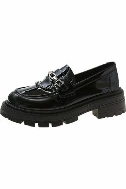 Y2K Grunge Dark Academia Loafers with Metal Chain - Retro 90s Fashion & Summer Outfits