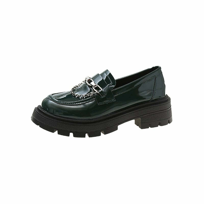 Y2K Grunge Dark Academia Loafers with Metal Chain - Retro 90s Fashion & Summer Outfits