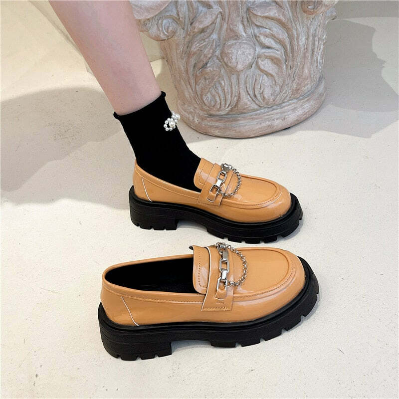 Y2K Grunge Dark Academia Loafers with Metal Chain - Retro 90s Fashion & Summer Outfits