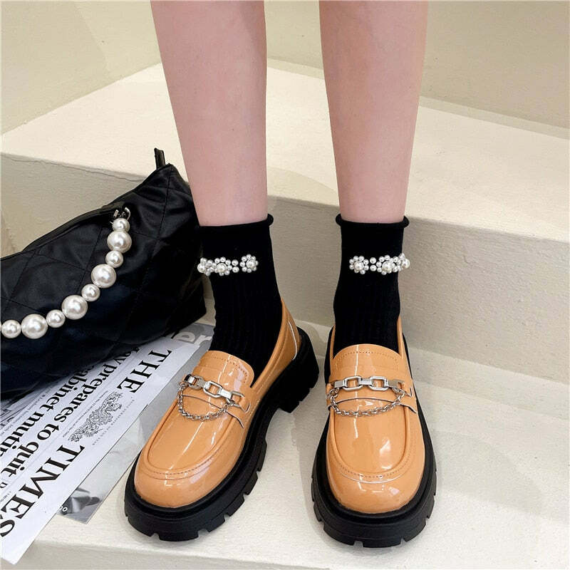 Y2K Grunge Dark Academia Loafers with Metal Chain - Retro 90s Fashion & Summer Outfits