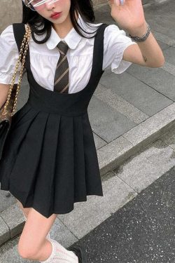 Y2K Grunge Dark Academia Pleated Mini Dress - 90s Fashion, Retro Summer Outfit