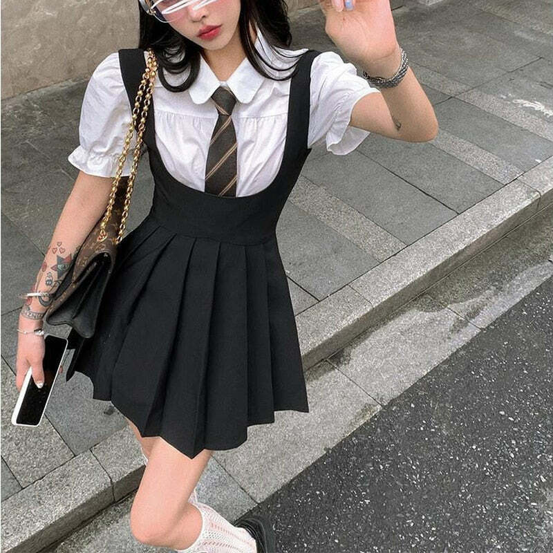 Y2K Grunge Dark Academia Pleated Mini Dress - 90s Fashion, Retro Summer Outfit