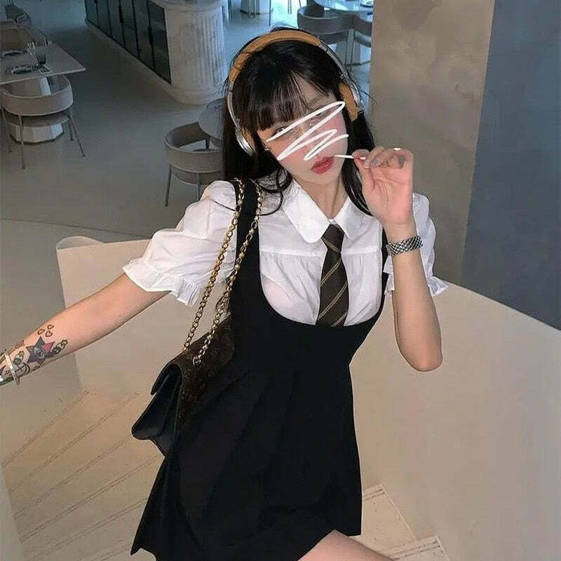 Y2K Grunge Dark Academia Pleated Mini Dress - 90s Fashion, Retro Summer Outfit