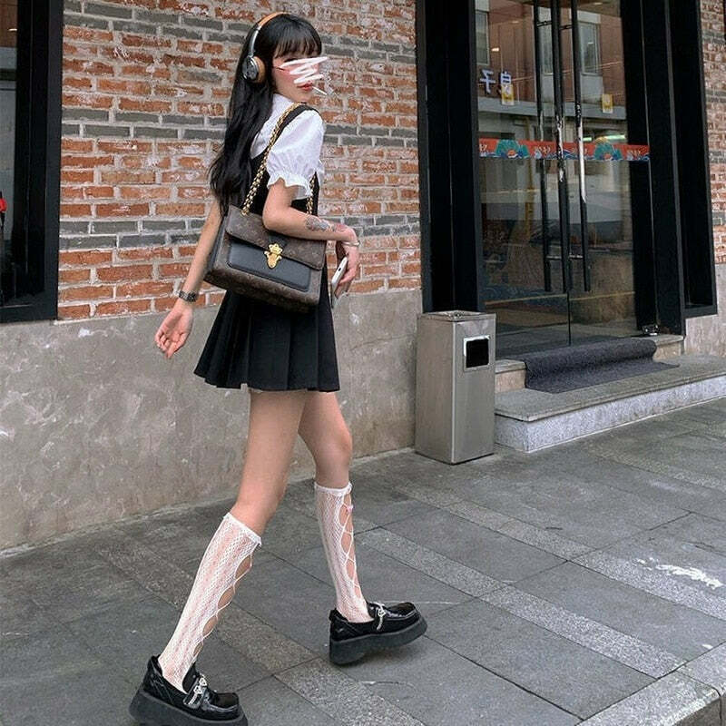 Y2K Grunge Dark Academia Pleated Mini Dress - 90s Fashion, Retro Summer Outfit