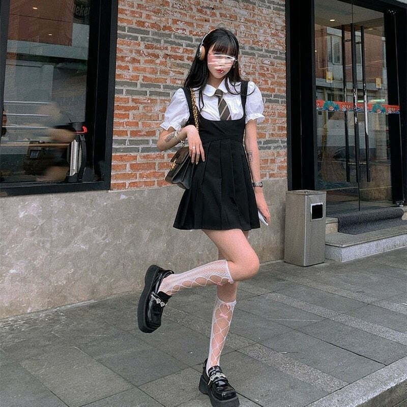 Y2K Grunge Dark Academia Pleated Mini Dress - 90s Fashion, Retro Summer Outfit