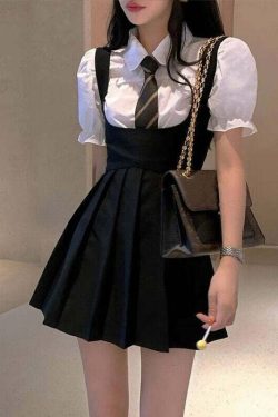 Y2K Grunge Dark Academia Pleated Mini Dress - 90s Fashion, Retro Summer Outfit
