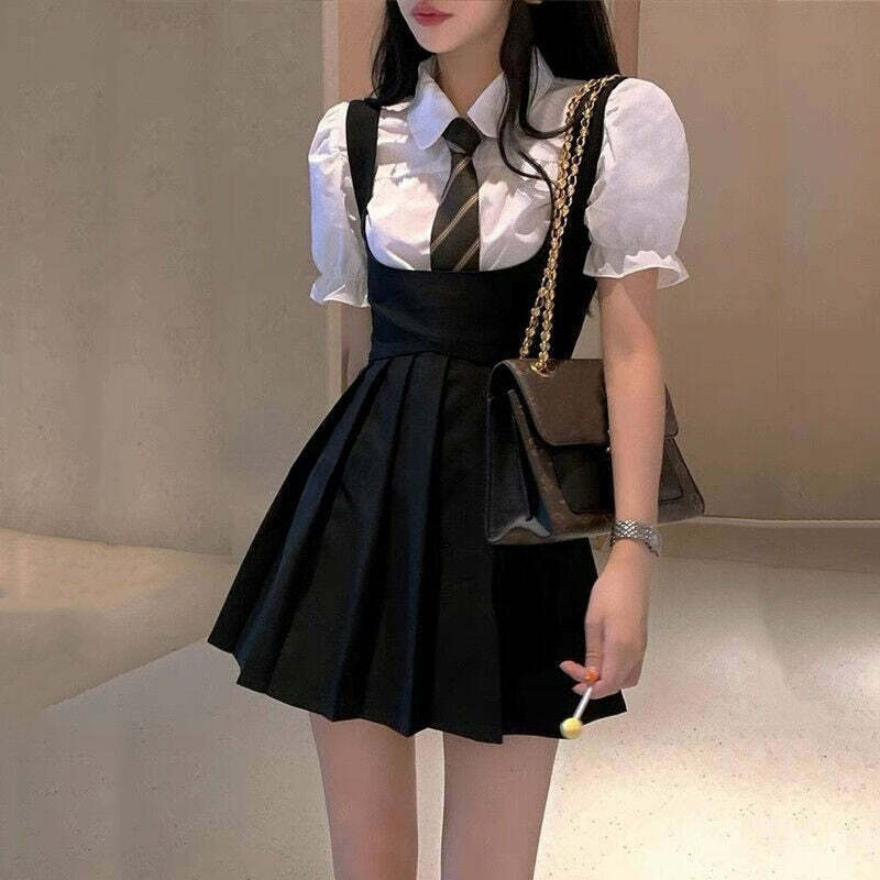 Y2K Grunge Dark Academia Pleated Mini Dress - 90s Fashion, Retro Summer Outfit