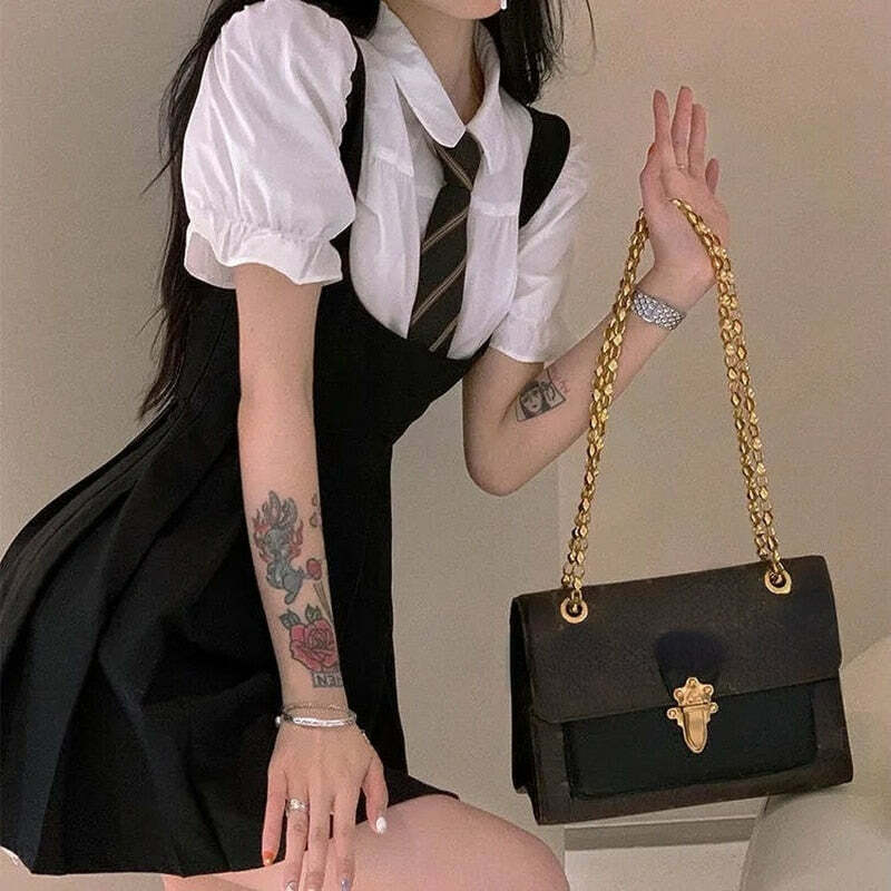 Y2K Grunge Dark Academia Pleated Mini Dress - 90s Fashion, Retro Summer Outfit
