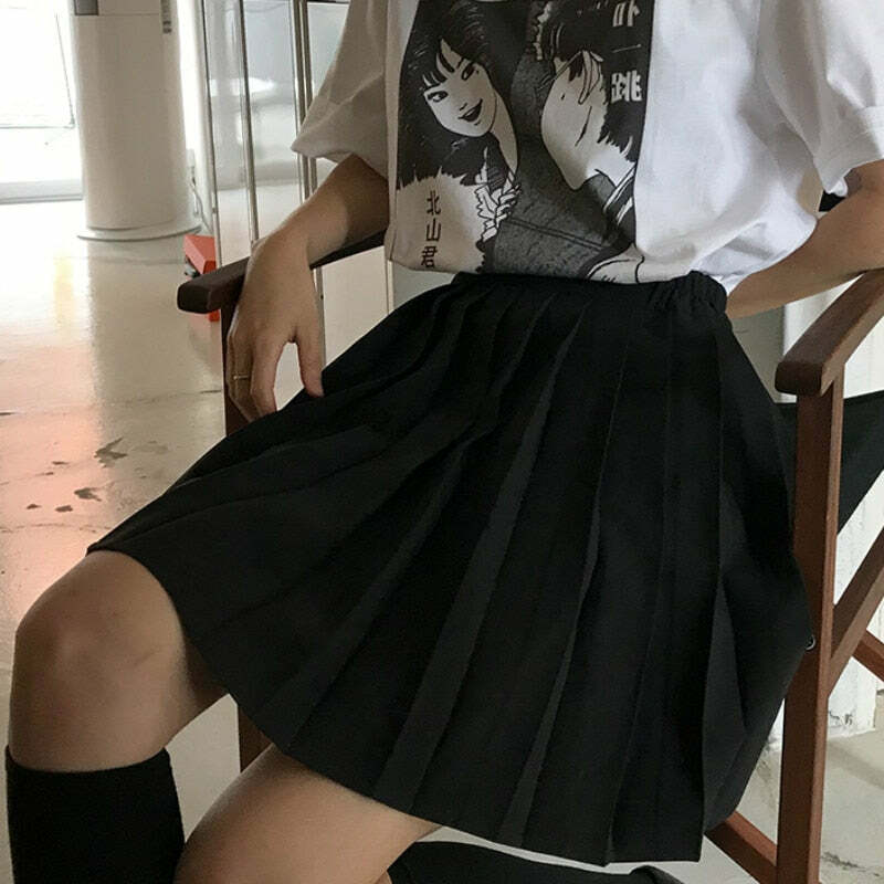 Y2K Grunge Dark Academia Schoolgirl Pleated Skirt - 90s Retro Black Skirt Outfit