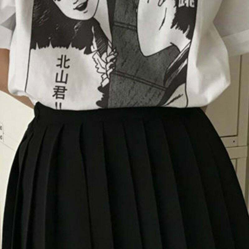 Y2K Grunge Dark Academia Schoolgirl Pleated Skirt - 90s Retro Black Skirt Outfit
