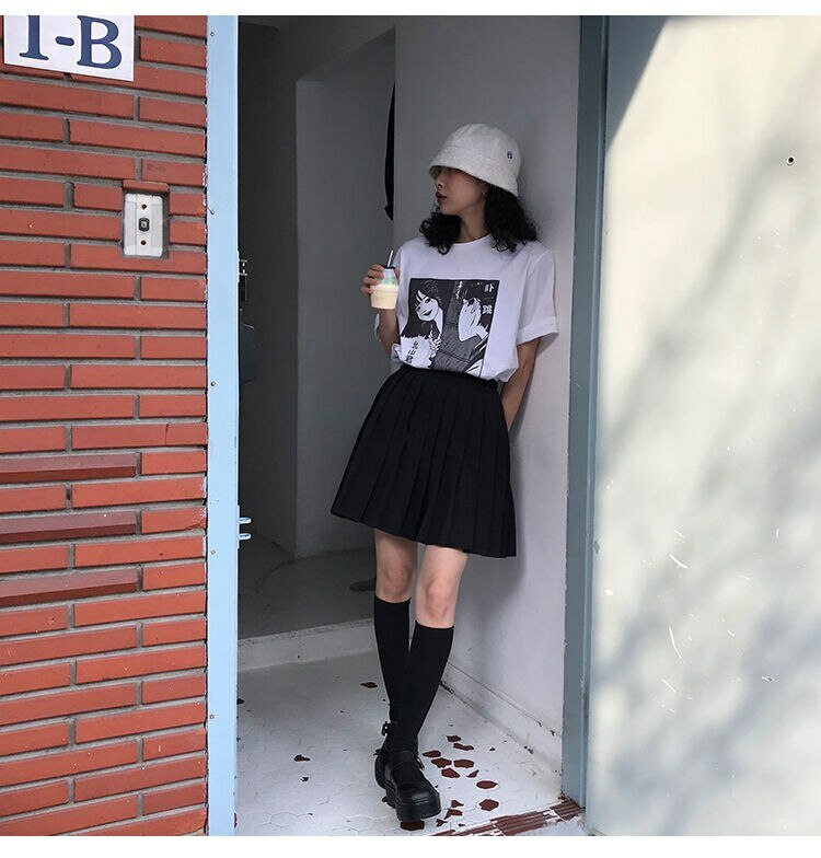 Y2K Grunge Dark Academia Schoolgirl Pleated Skirt - 90s Retro Black Skirt Outfit