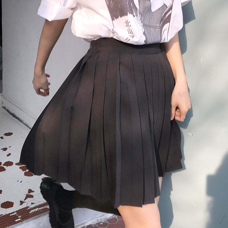 Y2K Grunge Dark Academia Schoolgirl Pleated Skirt - 90s Retro Black Skirt Outfit