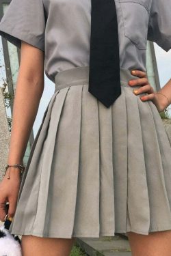 Y2K Grunge Dark Academia Schoolgirl Pleated Skirt - Gray Retro 90s Summer Outfit