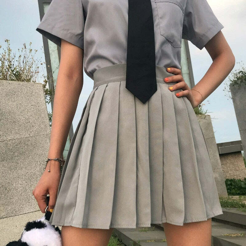 Y2K Grunge Dark Academia Schoolgirl Pleated Skirt - Gray Retro 90s Summer Outfit
