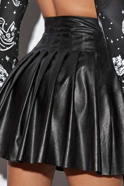 Y2K Grunge Dark Goth Egirl Faux Leather Pleated Skirt - Retro 90s Fashion Outfit
