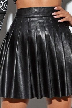 Y2K Grunge Dark Goth Egirl Faux Leather Pleated Skirt - Retro 90s Fashion Outfit