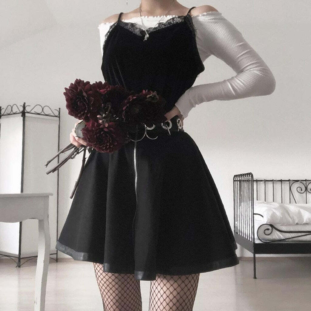 Y2K Grunge Dark Goth Zipper Rings A-Line Skirt - Retro 90s Fashion, Y2K Summer Outfits