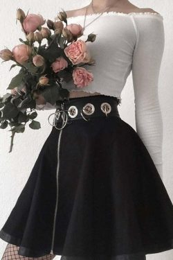 Y2K Grunge Dark Goth Zipper Rings A-Line Skirt - Retro 90s Fashion, Y2K Summer Outfits