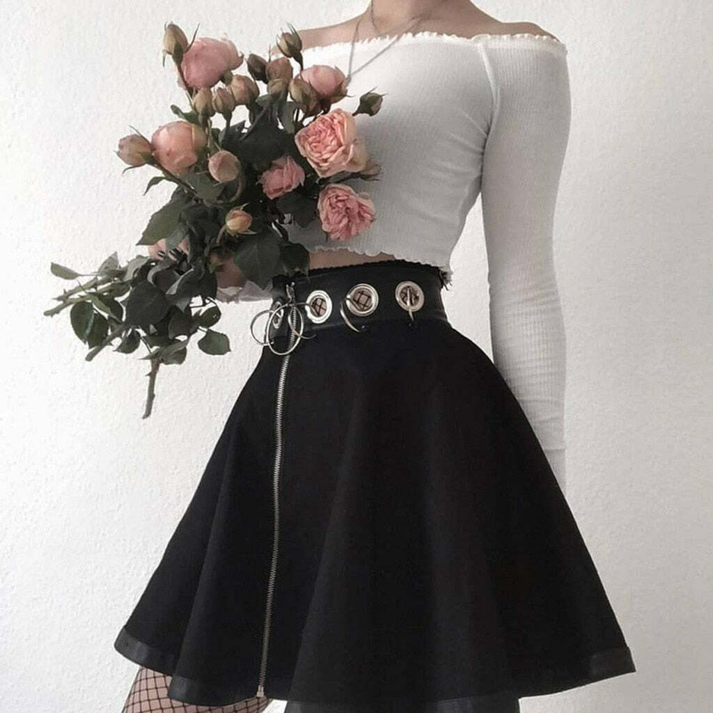 Y2K Grunge Dark Goth Zipper Rings A-Line Skirt - Retro 90s Fashion, Y2K Summer Outfits