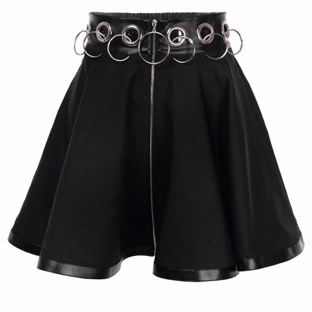 Y2K Grunge Dark Goth Zipper Rings A-Line Skirt - Retro 90s Fashion, Y2K Summer Outfits