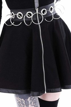 Y2K Grunge Dark Goth Zipper Rings A-Line Skirt - Retro 90s Fashion, Y2K Summer Outfits