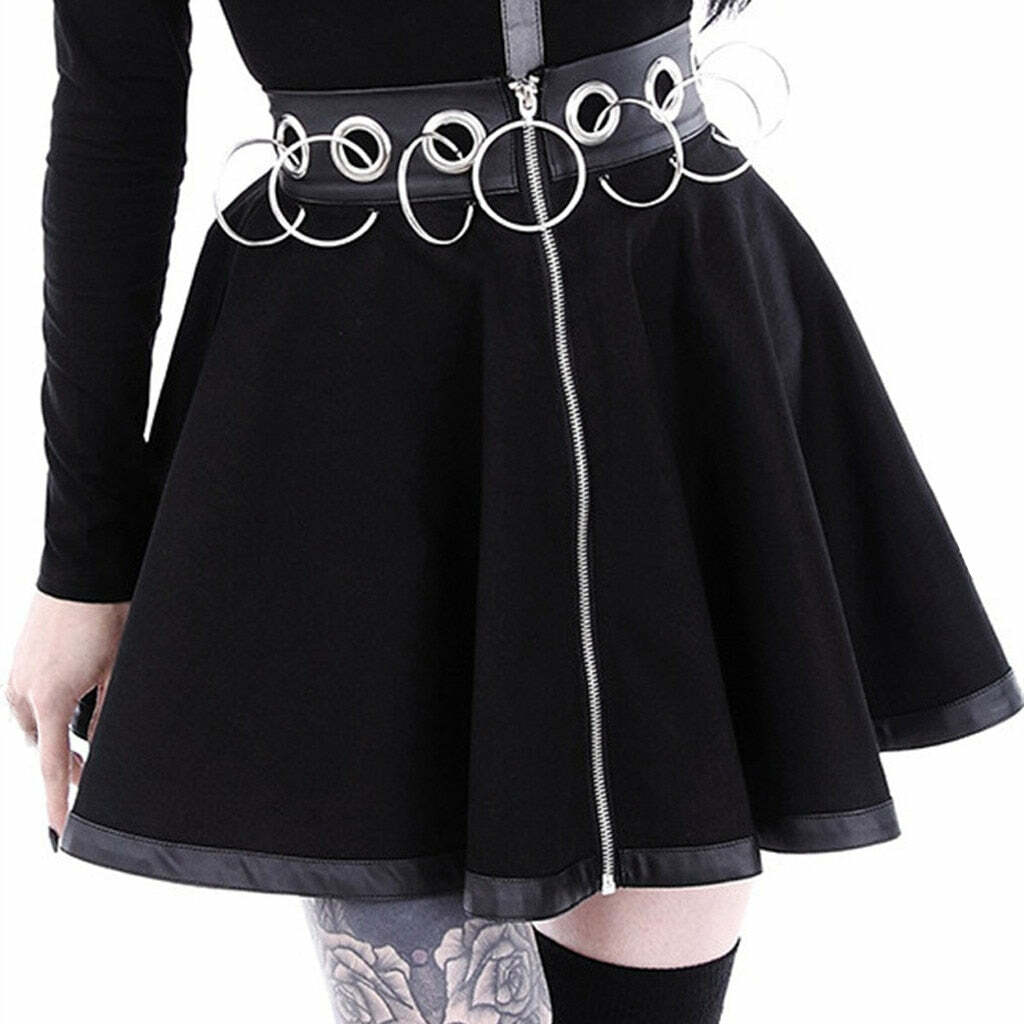 Y2K Grunge Dark Goth Zipper Rings A-Line Skirt - Retro 90s Fashion, Y2K Summer Outfits